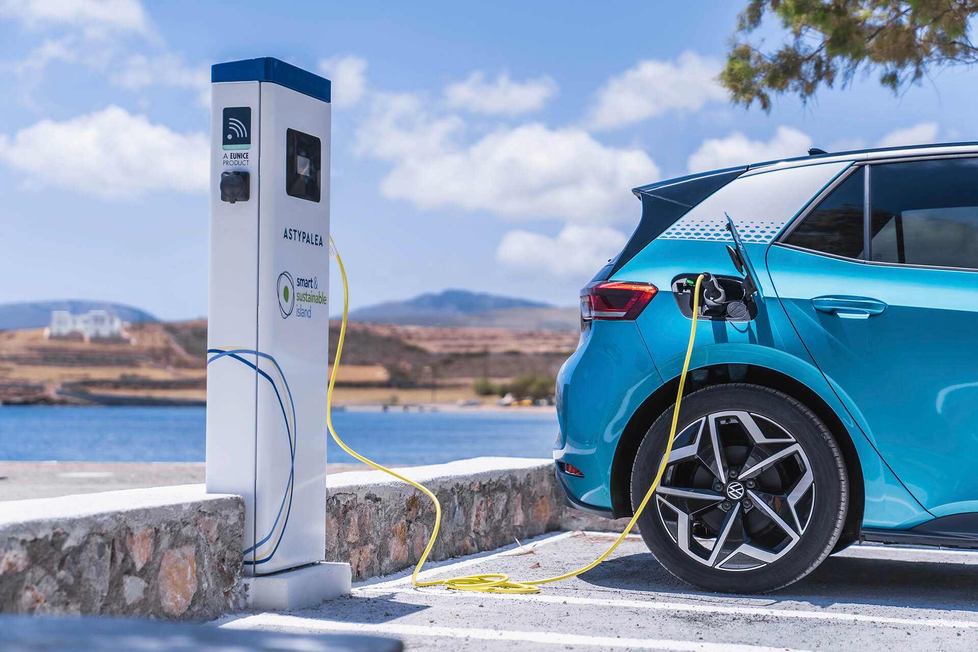 Electric VW Car charging in Astypalaia island charging station